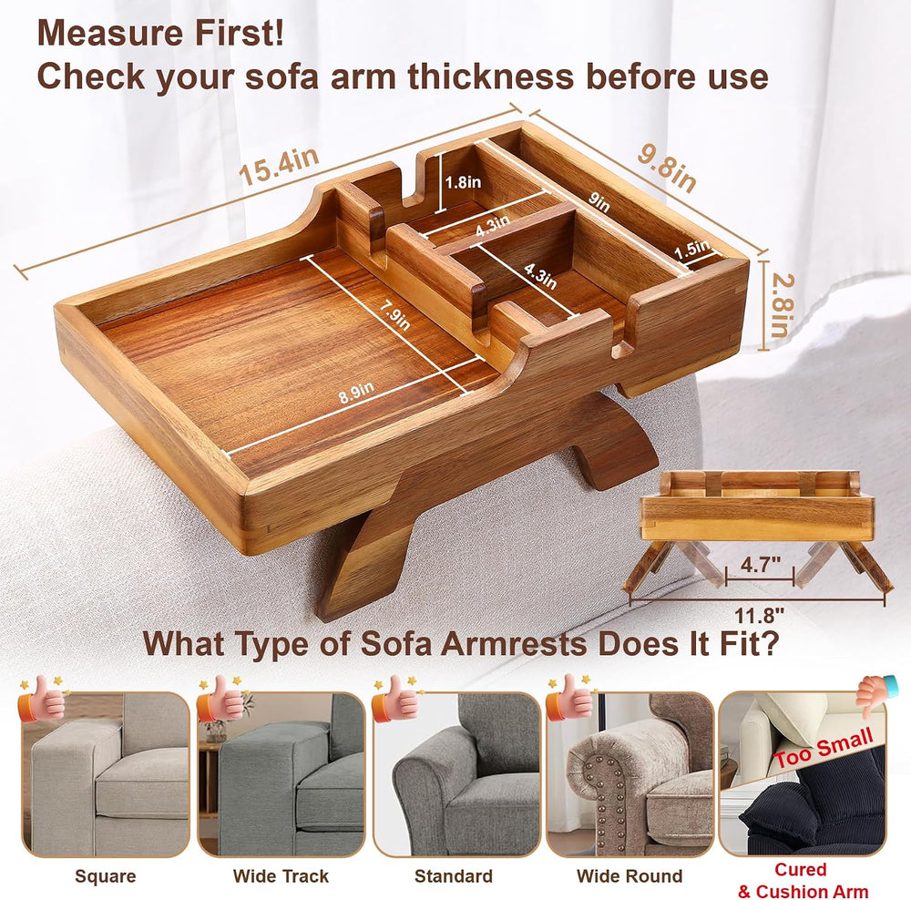 Acacia Wood Couch Armrest Table with 2 Cup Holders & Remote Slot 15.4&quo...