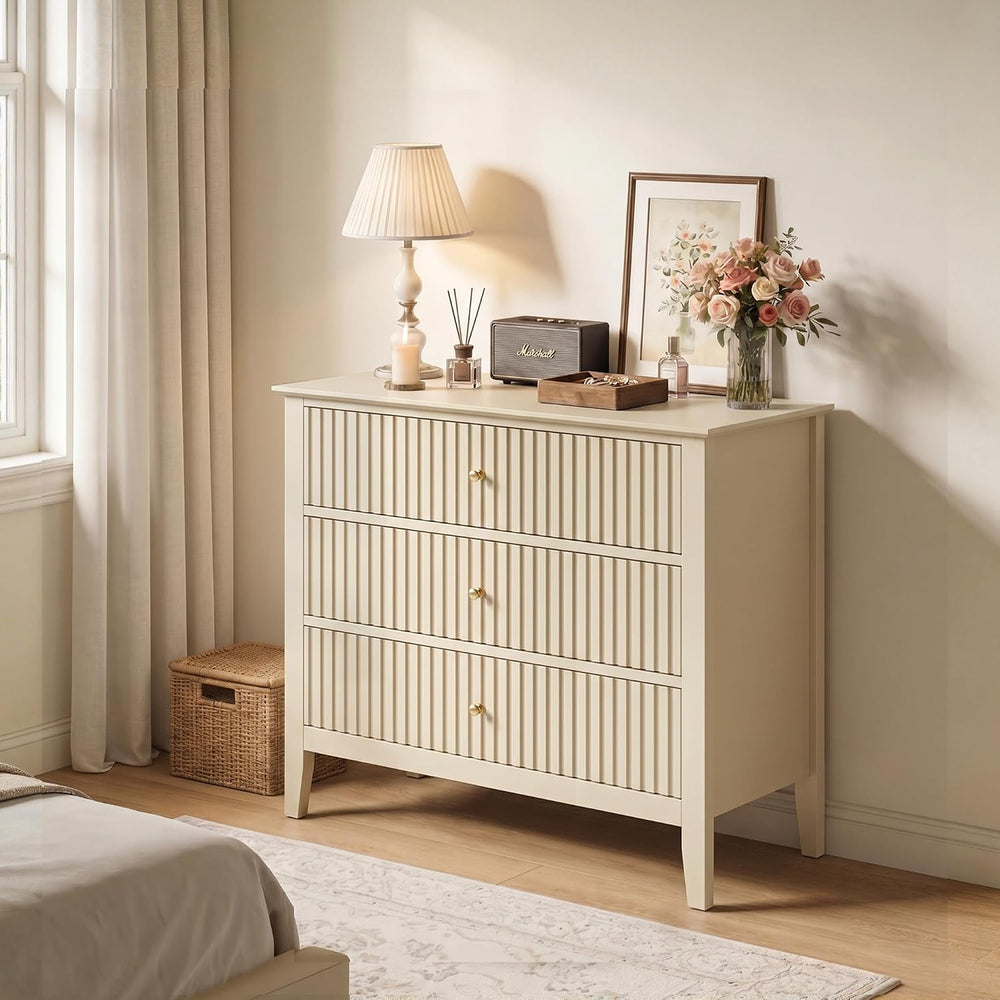 RoyalCraft Fluted 3 Drawer Dresser, 32" Wide Nightstand for Bedroom, Beige