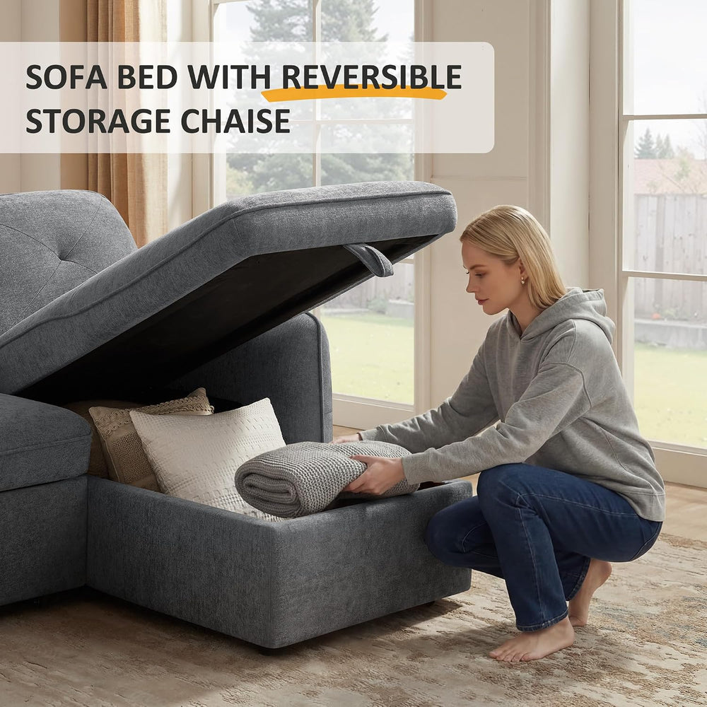Sectional Sleeper Sofa, Pull-Out Bed, Storage Chaise, Chenille Gray