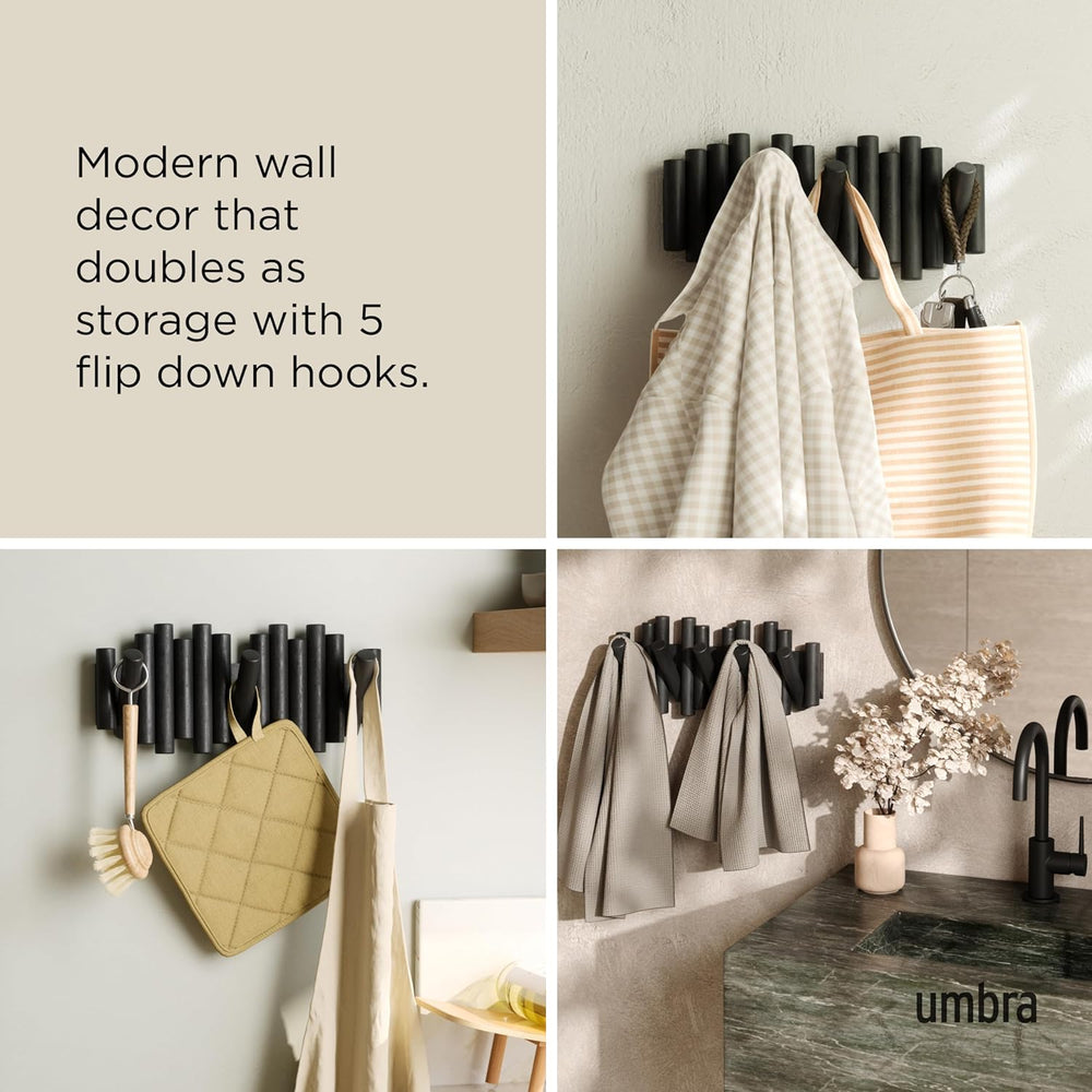 Umbra Picket Wall-Mounted Coat Rack Rail Hook with 5 Retractable Wood Pegs – ...