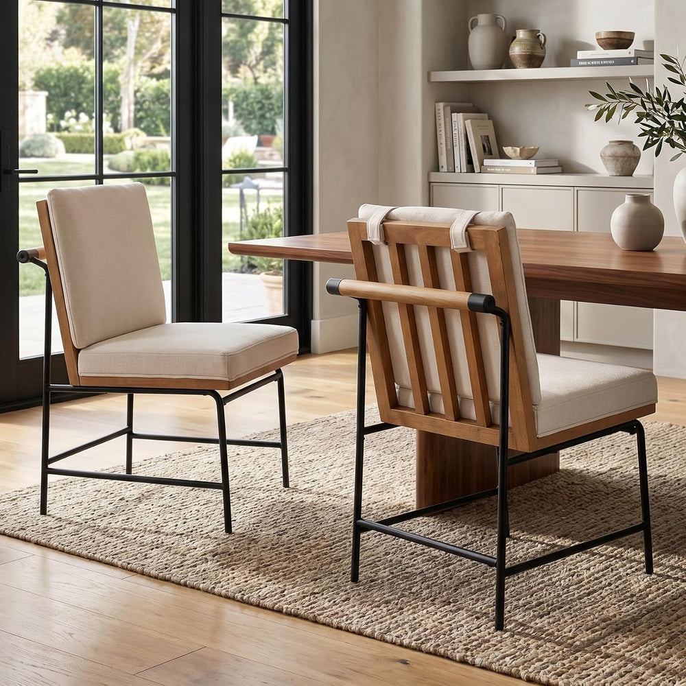 DUOMAY Mid-Century Linen Dining Chairs Set of 2 with Handle, White