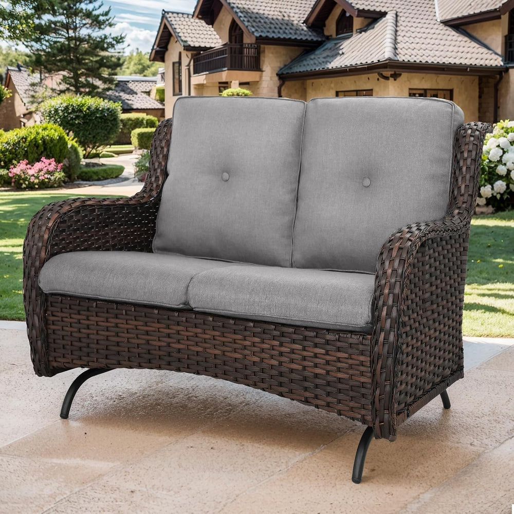 Patio Loveseat Wicker Loveseat Rattan Glider Sofa with Curved Armrest Thickin...