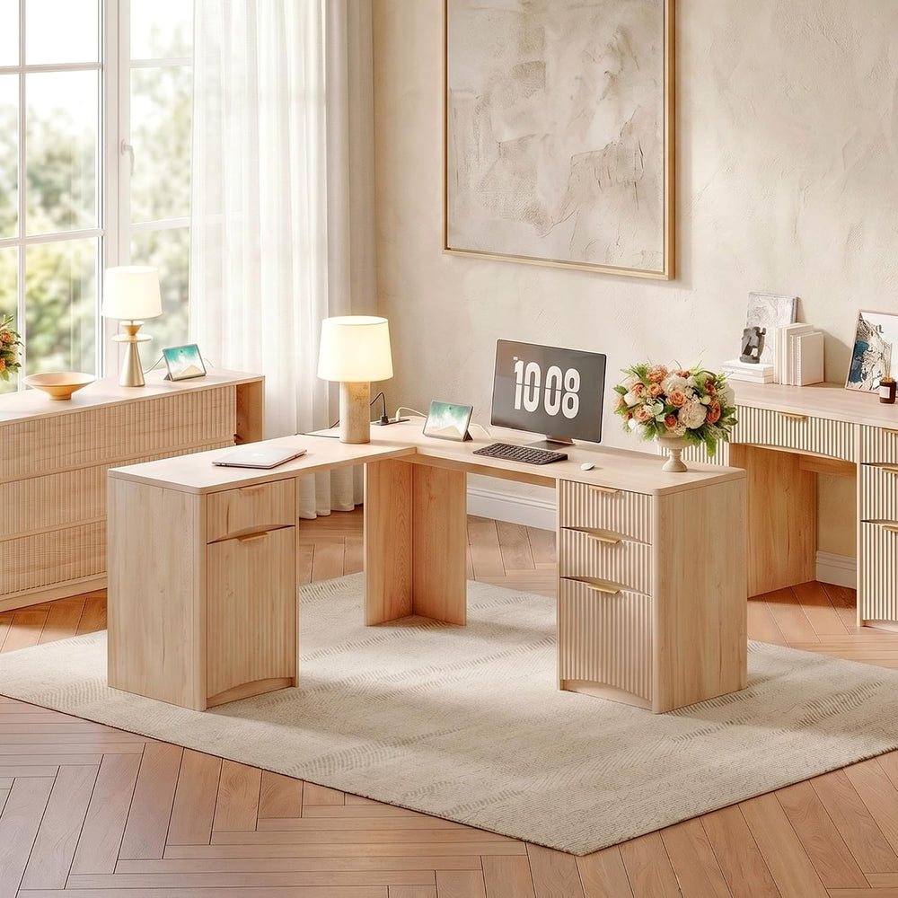 Whalefall 63'' Fluted L Shaped Desk with Drawers, Natural Oak