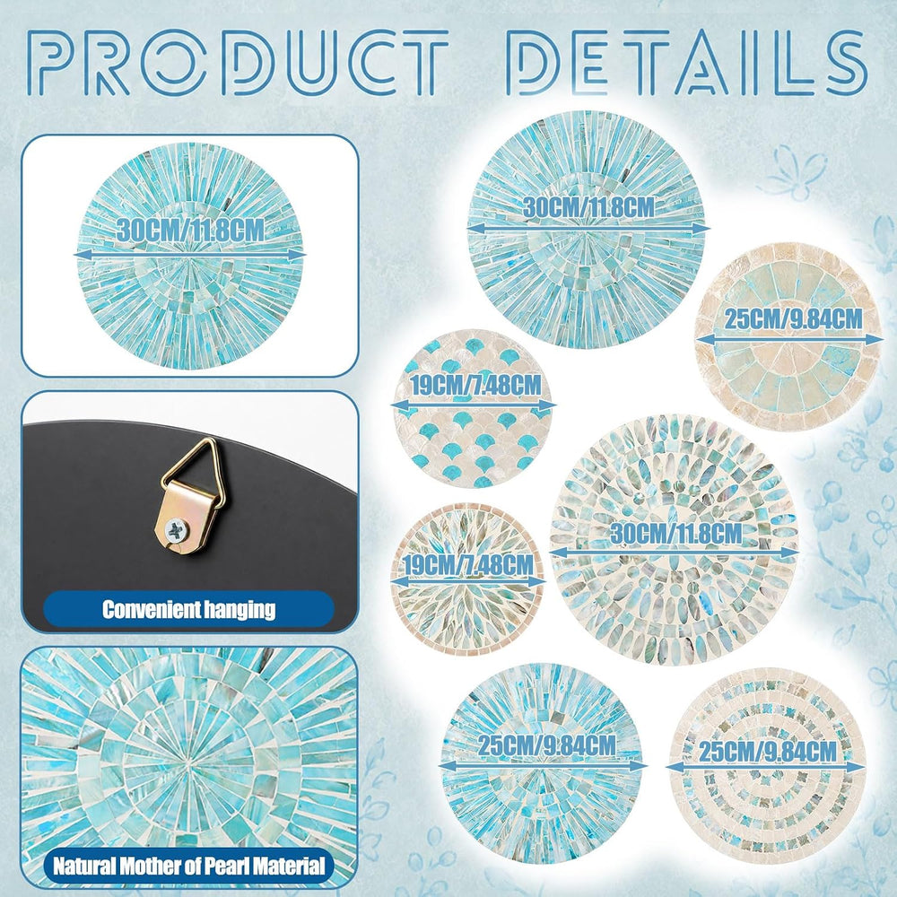 Tioncy 7 Pcs Assorted Blue Mother of Pearl Shell Plate Coastal Wall Art