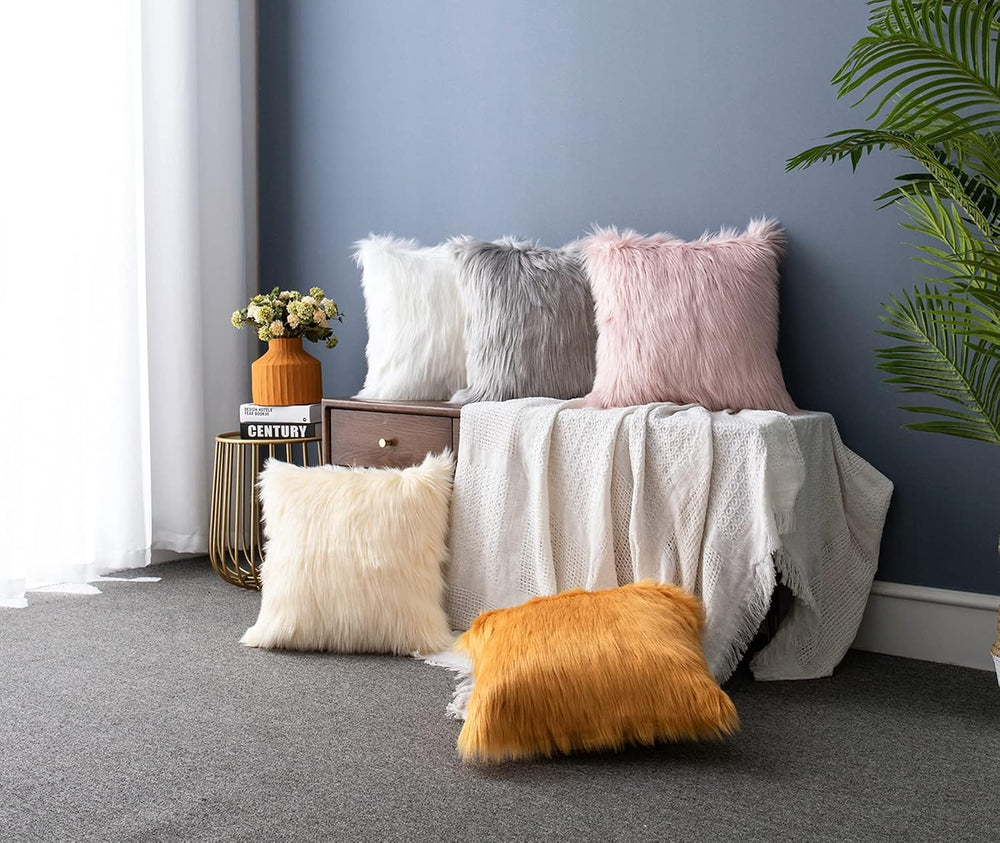 LIGICKY Set of 2 Black Fluffy Pillows Luxury Series Soft Faux Fur Throw Pillo...