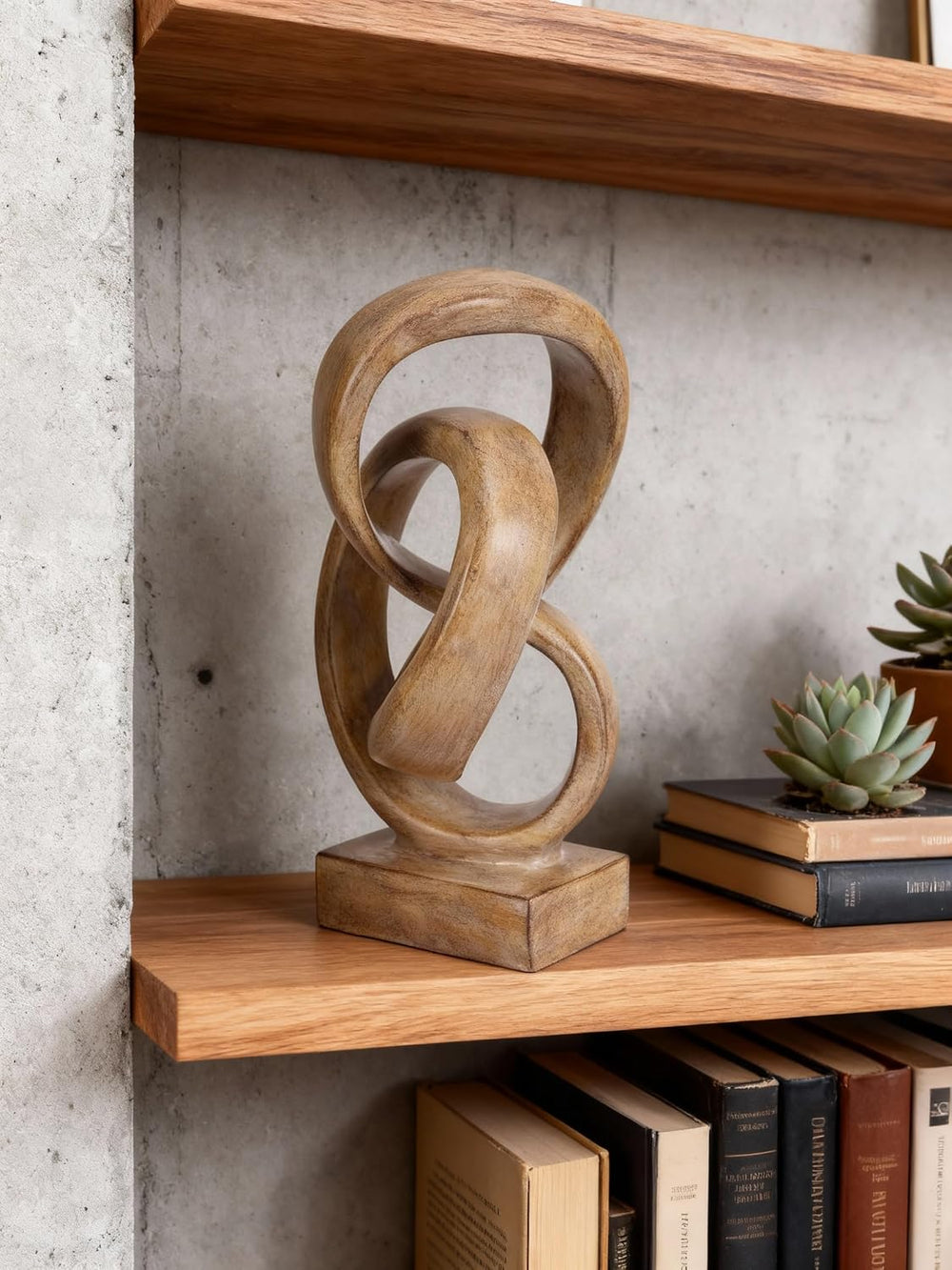 Abstract wood-toned knot sculpture, geometric decorative statue, wood-toned a...