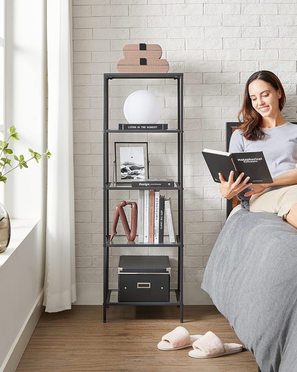 VASAGLE Bookcase Bookshelf, Tempered Glass Bookshelves, Steel Frame