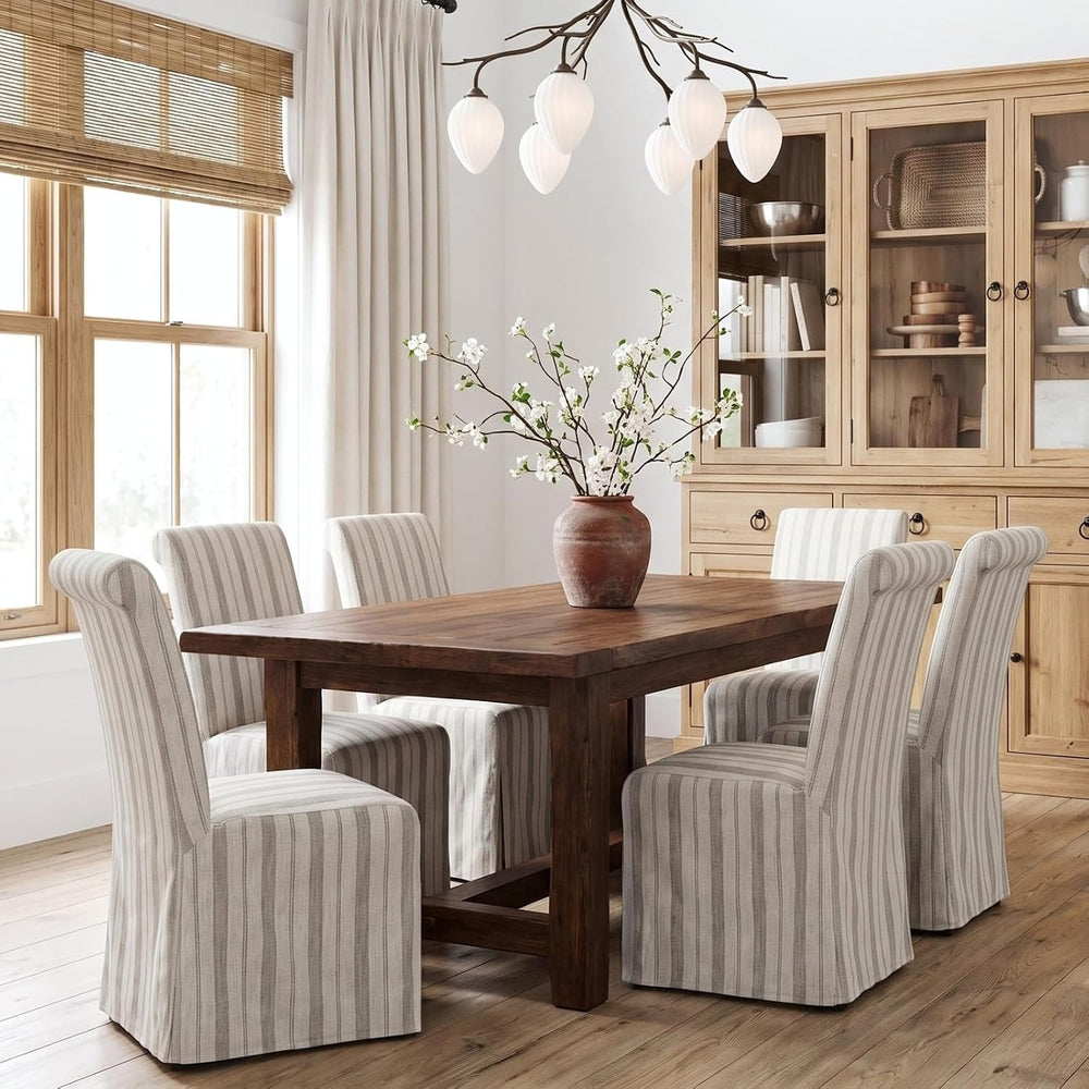 Upholstered Slipcovered Dining Chairs Set of 6, Khaki Stripe
