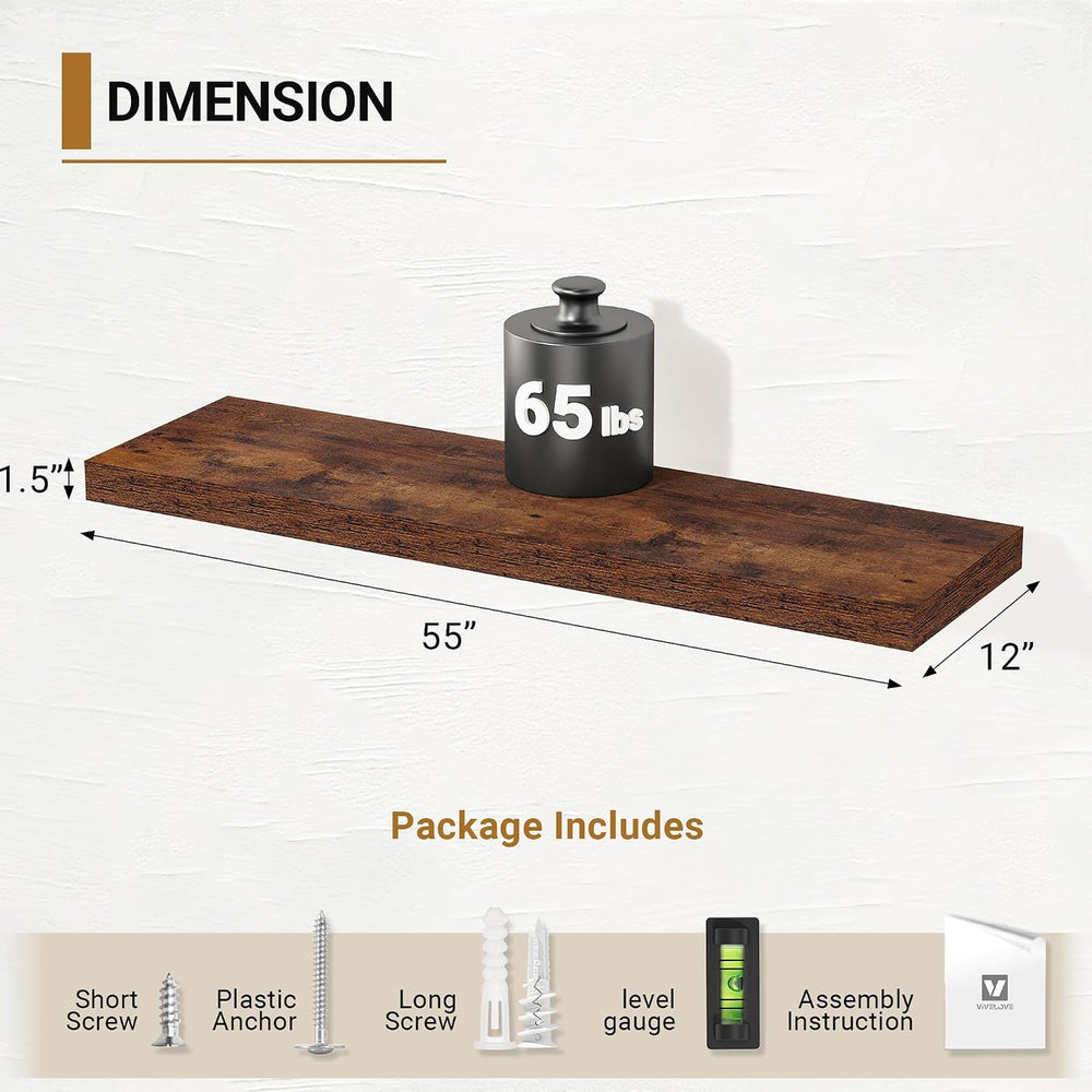 Vivelove 55x12 Floating Shelves 12 Inches Deep, Rustic Brown, Set of 2