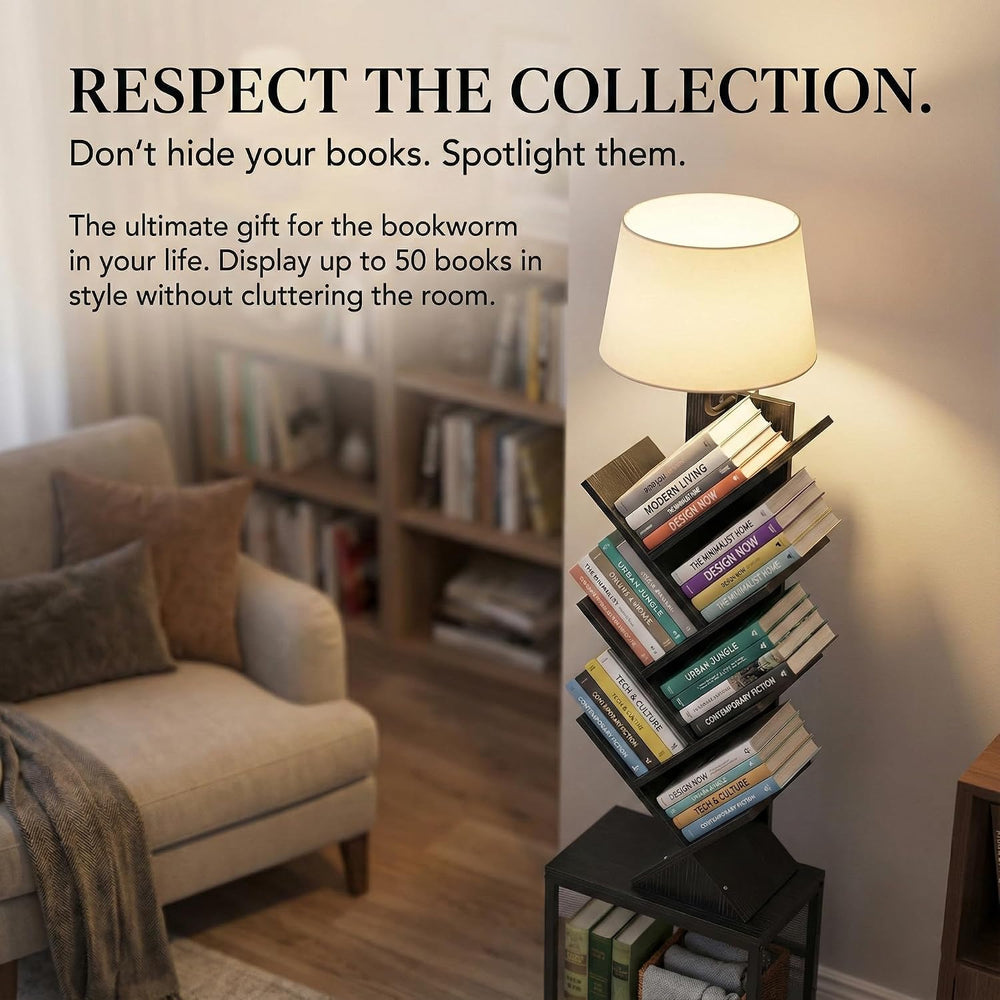 62" Tall Tree bookshelf cabinet, Oval Lamp Fabric Lightshade (Black)