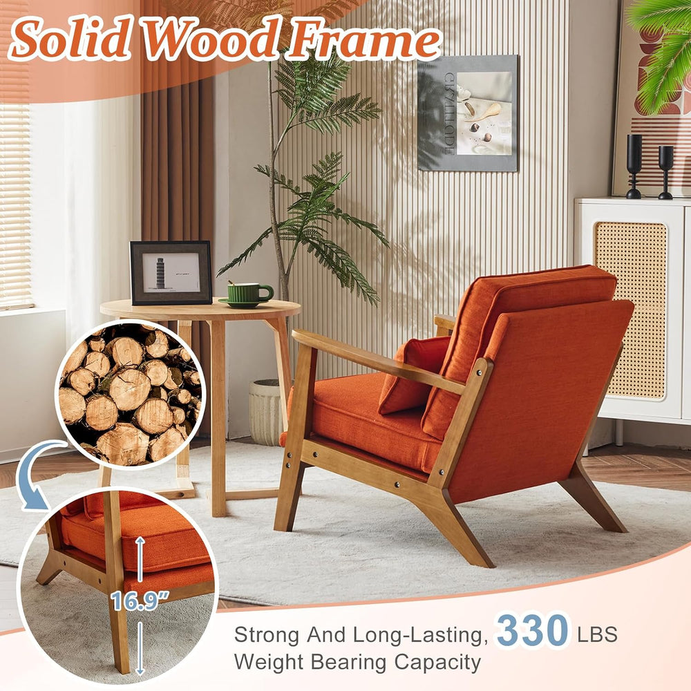 VINGLI Solid Wood Wide Armrests Accent Chair,Upholstered Mid Century Modern C...