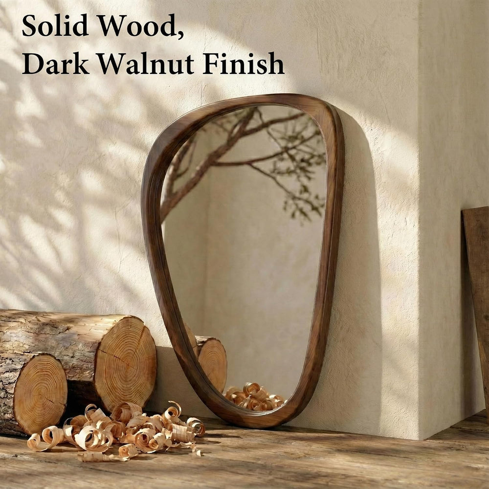 Solid Wood 36x24 Dark Walnut Irregular Bathroom Vanity Wall Mirror