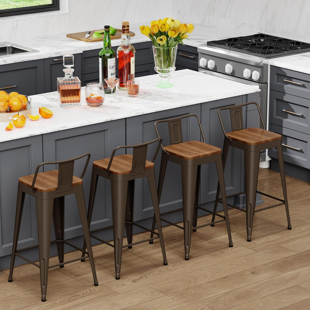 WENTMENT Industrial Rusty Bar Stools Set of 4, 24" Counter Height, Woode...