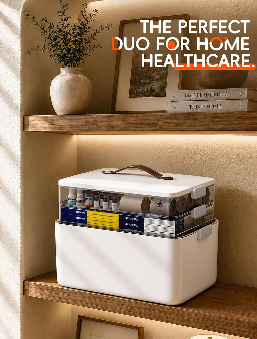 Medicine Organizer Box, 3-Tier Medicine Storage Box with Clear Trays and Carr...