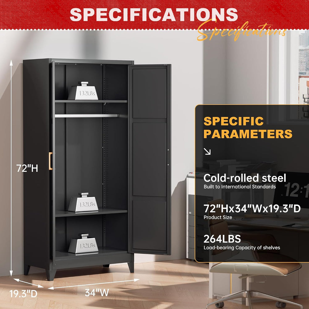 Superday Metal Wardrobe Closet, 72" H Bedroom Armoires with Wooden Handl...