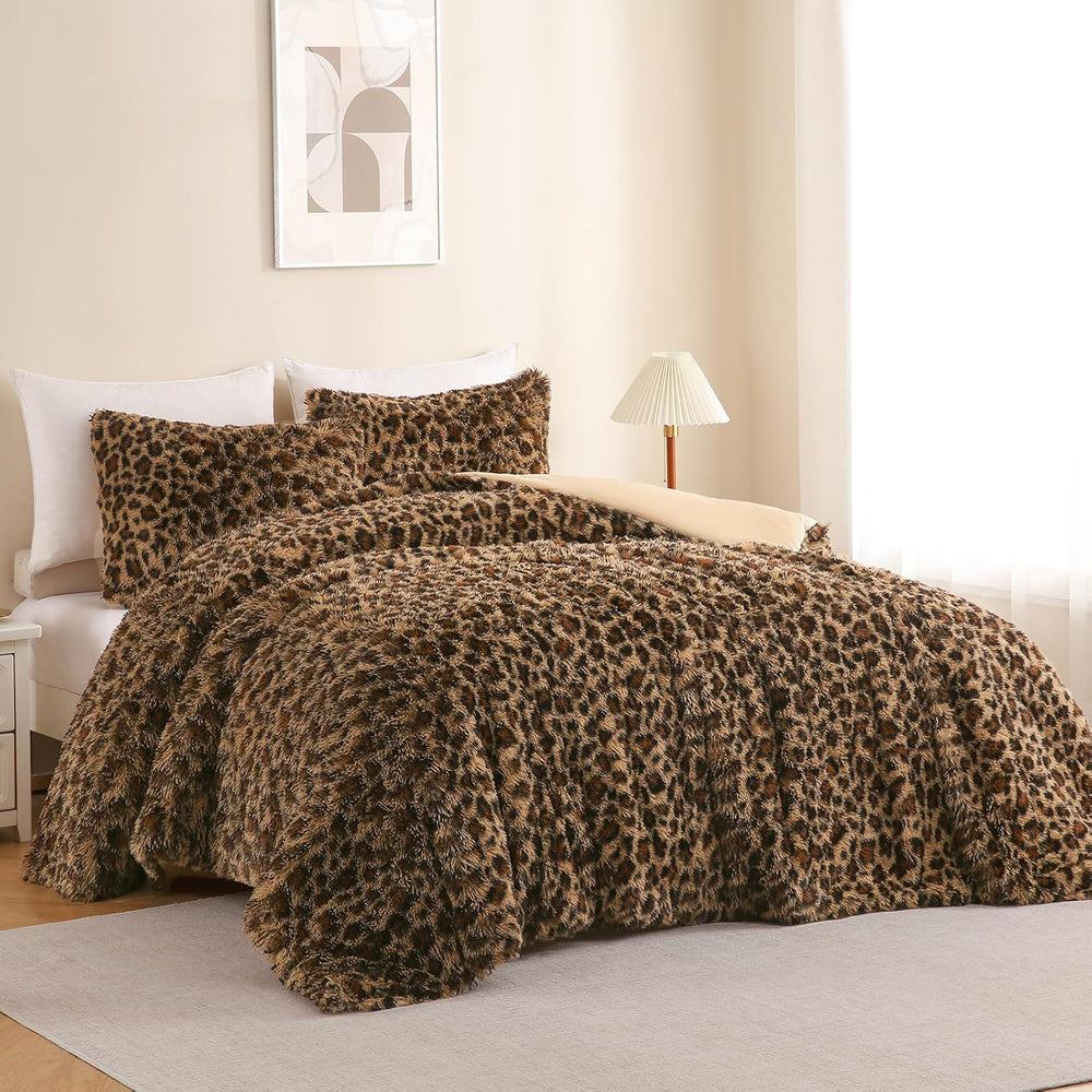 Cheetah Print Fluffy Faux Fur Comforter Set Queen Size, 3 Pieces, Brown
