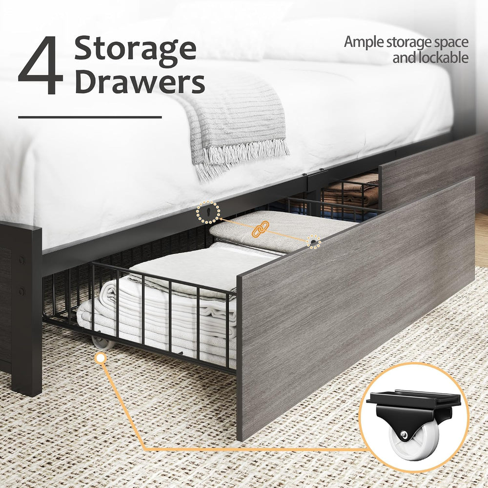 HISOFT Queen Bed Frame with Storage Headboard, Wooden Bed with High Storage B...