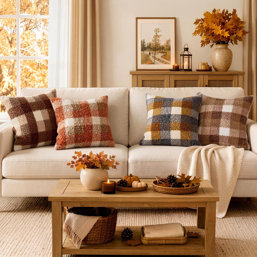 MIULEE Fall Plaid Pillow Covers Boucle Orange 24x24 Set of 2 Euro