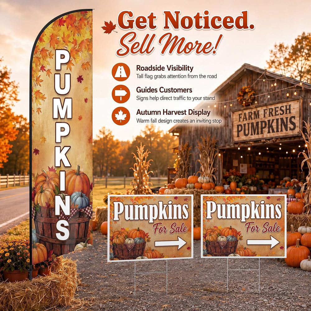3pcs Fall Pumpkins Feather Swooper Flag Kit, Yard Sign with Pole Stake