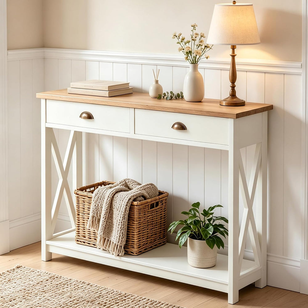 MAISON ARTS Entryway Table with 2 Drawers, Modern Hallway Table, Ivory