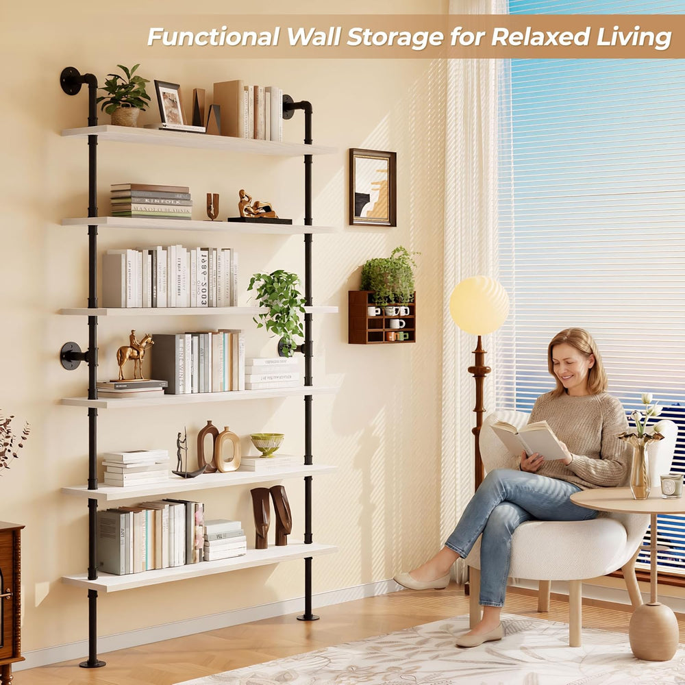 Industrial Pipe Bookshelf, Wall Mounted Shelf, 48 Inch, White