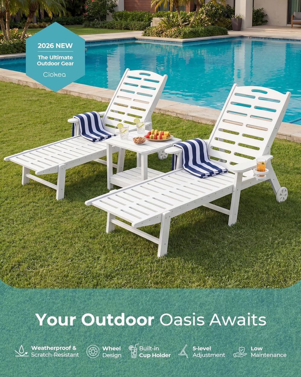 Ciokea Outdoor Chaise Lounge Chair, 5-Position Adjustable, White