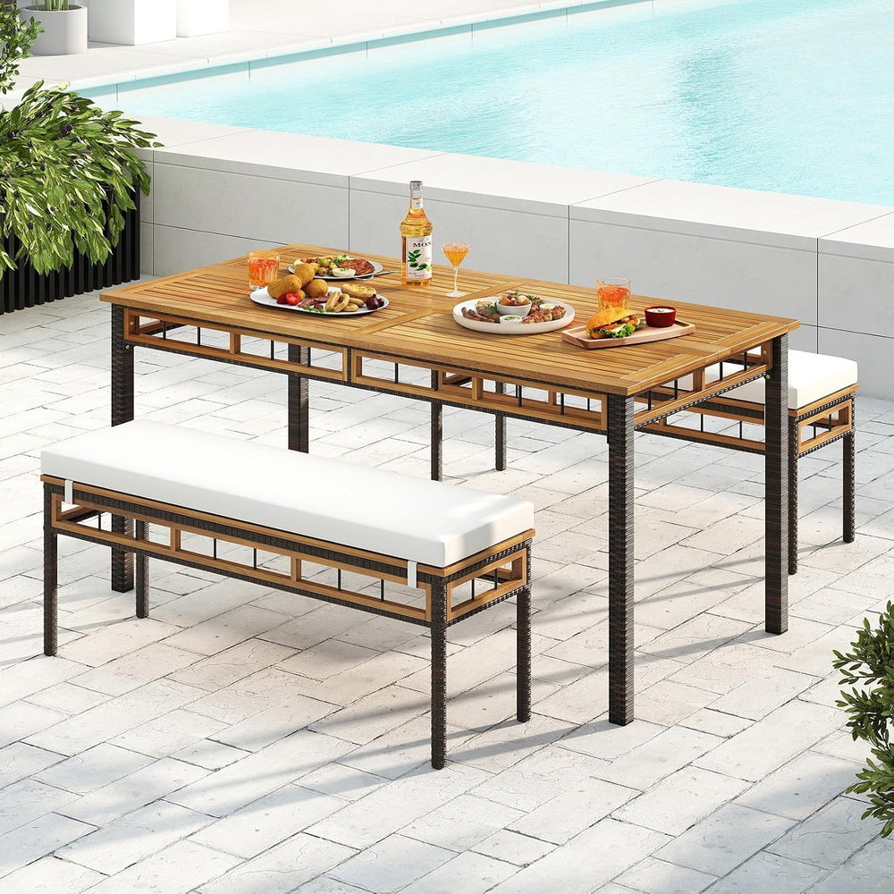 Tangkula 3 Pieces Wood Patio Dining Set, Outdoor PE Wicker Rectangular Acacia...