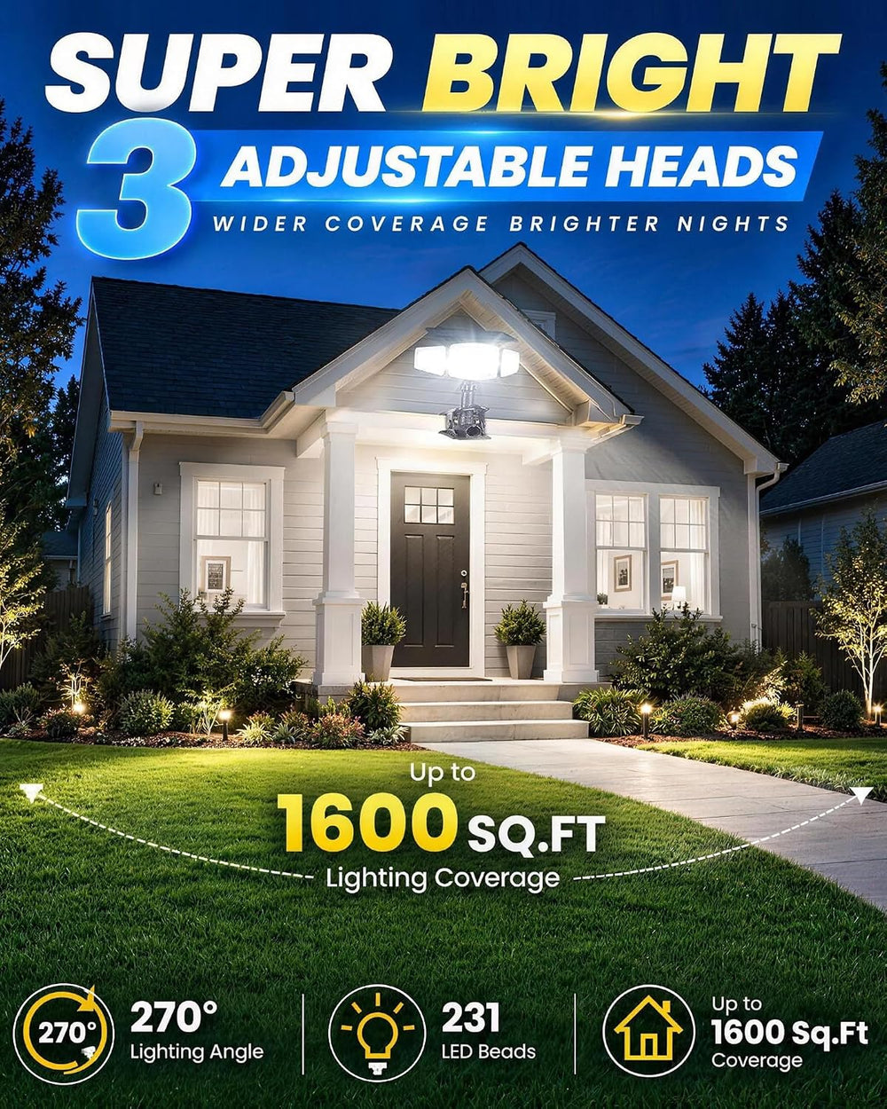 4000mAh Clip on Solar Light with Motion Sensor, 2500LM Fence Flood Light