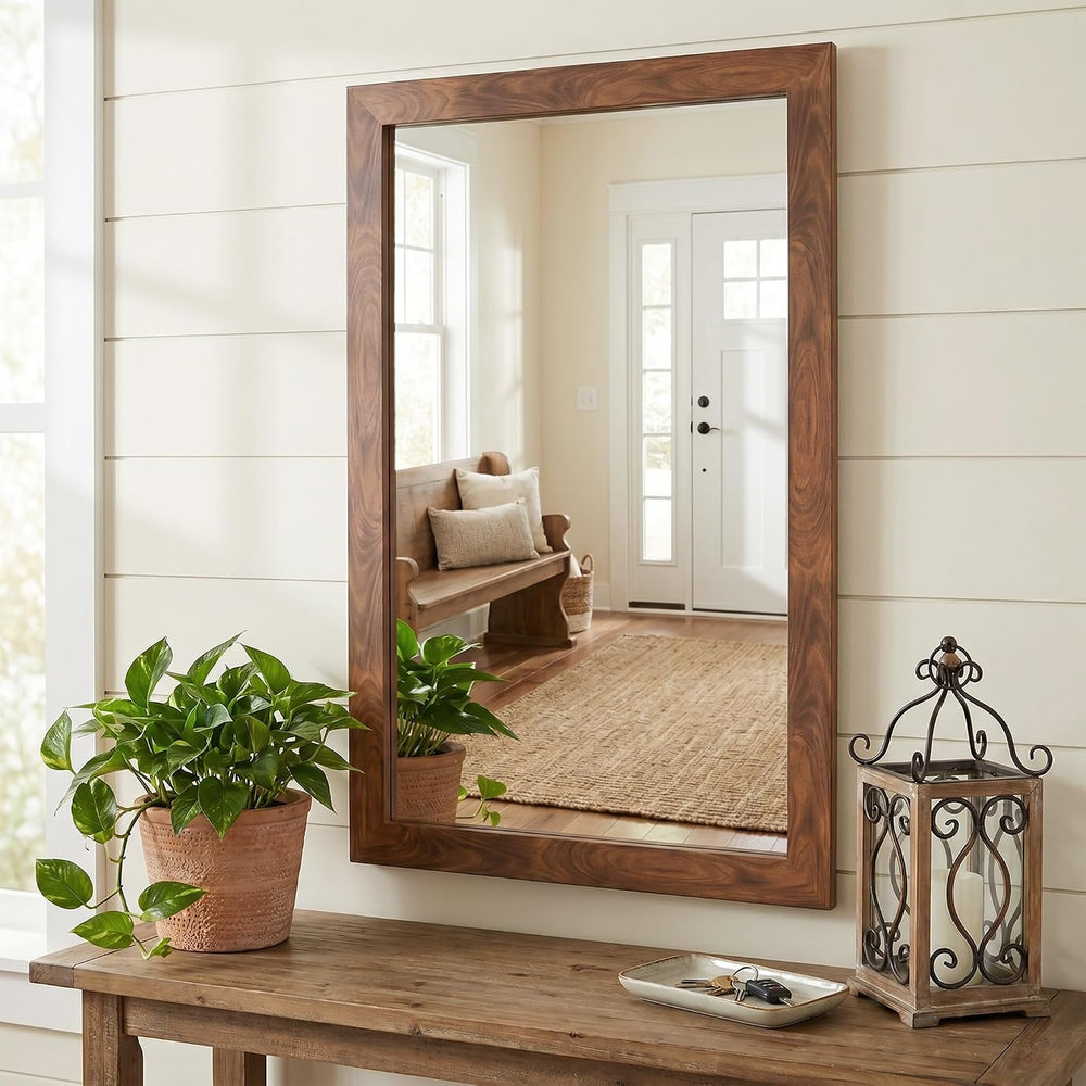 Walnut 24x36 Inch Wood-Grain Rectangular Wall Mirror