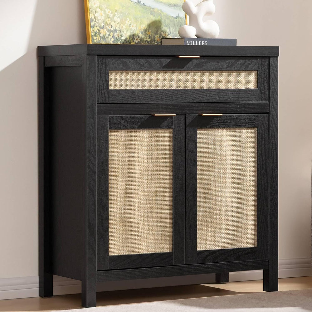 SICOTAS Sideboard Buffet Storage Cabinet, Rattan Accent Cabinet with Doors