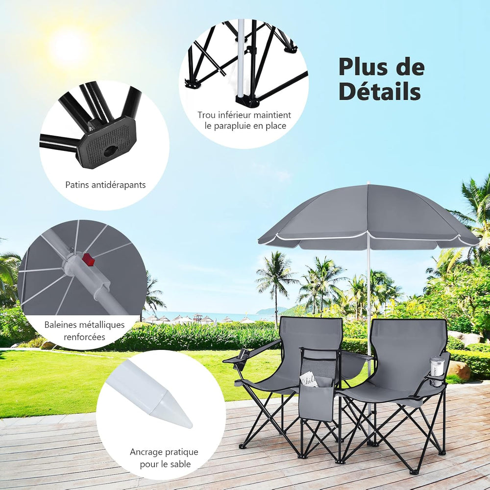 COSTWAY Folding 2 Seater Camping Chair with Parasol and Cooler, Grey
