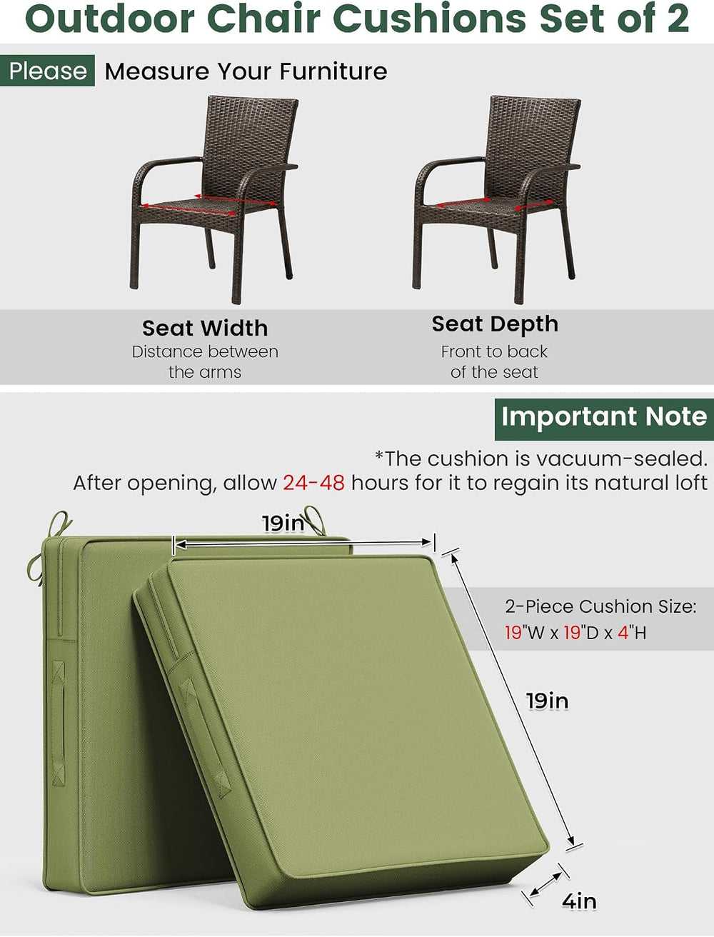 Outdoor Chair Cushions 19x19x4 Inch with Handles and Ties Cushion Set of 2