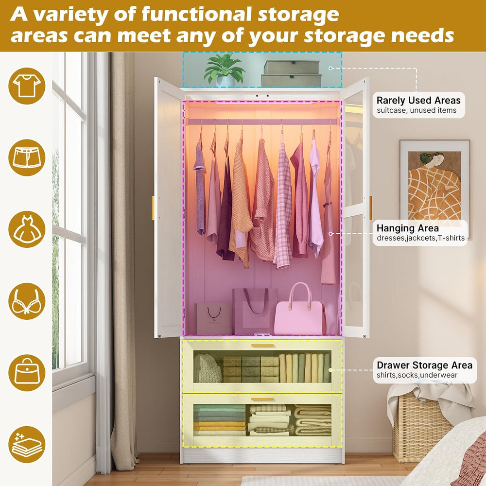 2 Doors Armoire Wardrobe Closet with LED and Mirror,71" H Freestanding W...