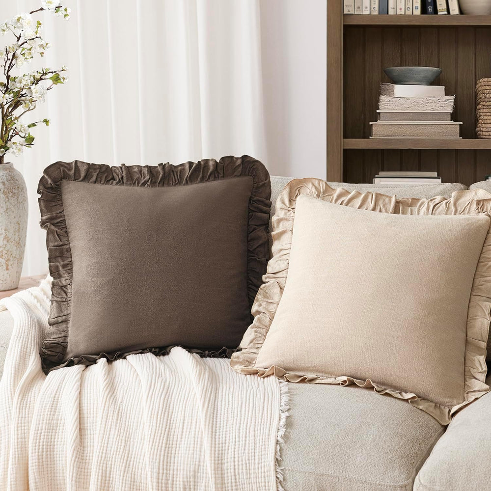 Foindtower Linen Fringe Ruffle Throw Pillow Covers 22×22 Inch Dark Brown