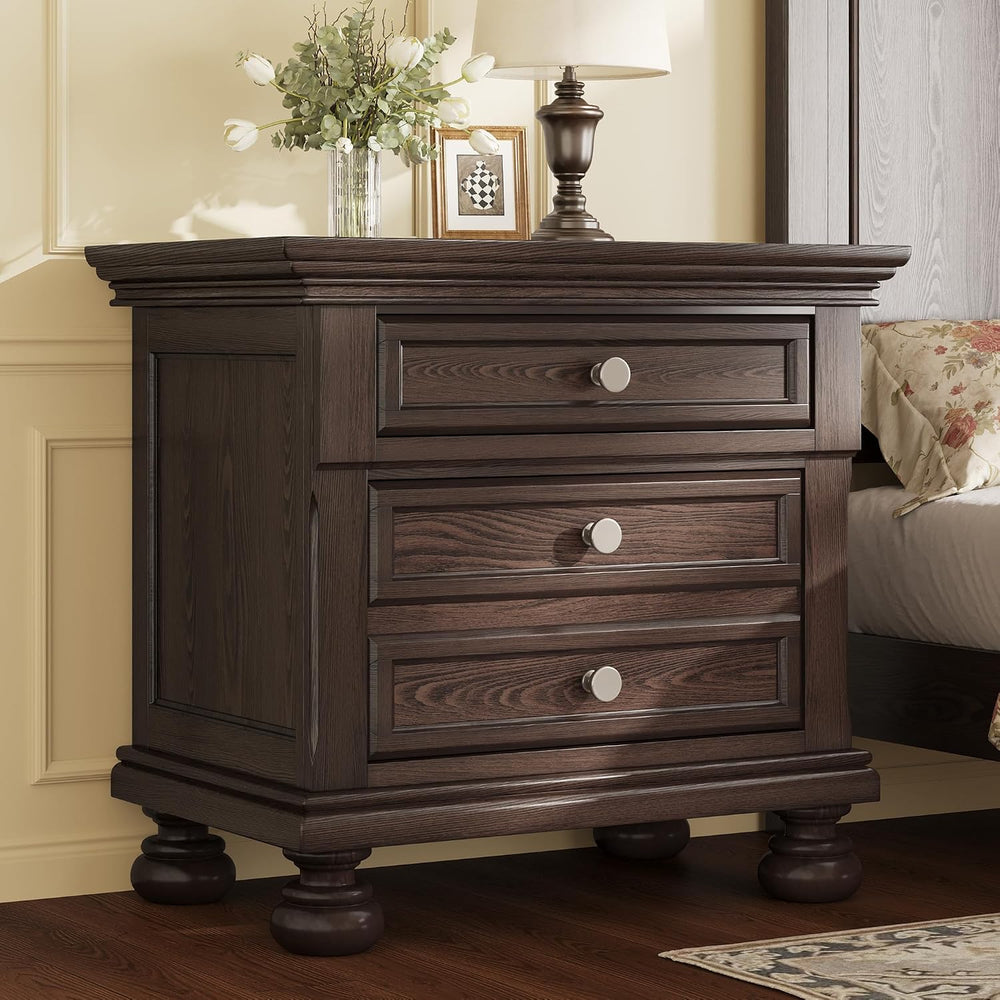 AMERLIFE Solid Wood 3-Piece Set, Queen Bed & 2 Nightstands, Dark Brown