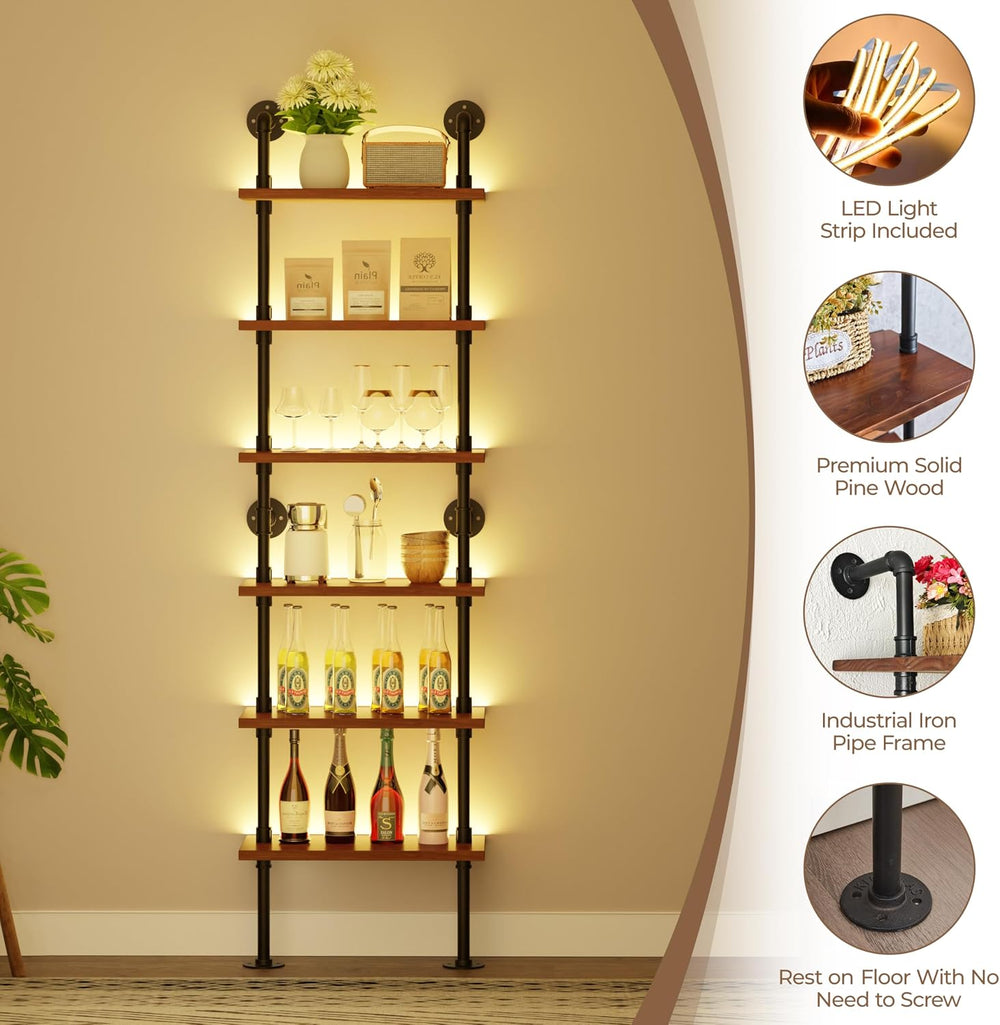 6-Tier LED Ladder Shelf, Wall Mounted Pipe Bookshelf, Walnut Brown 24 Inch