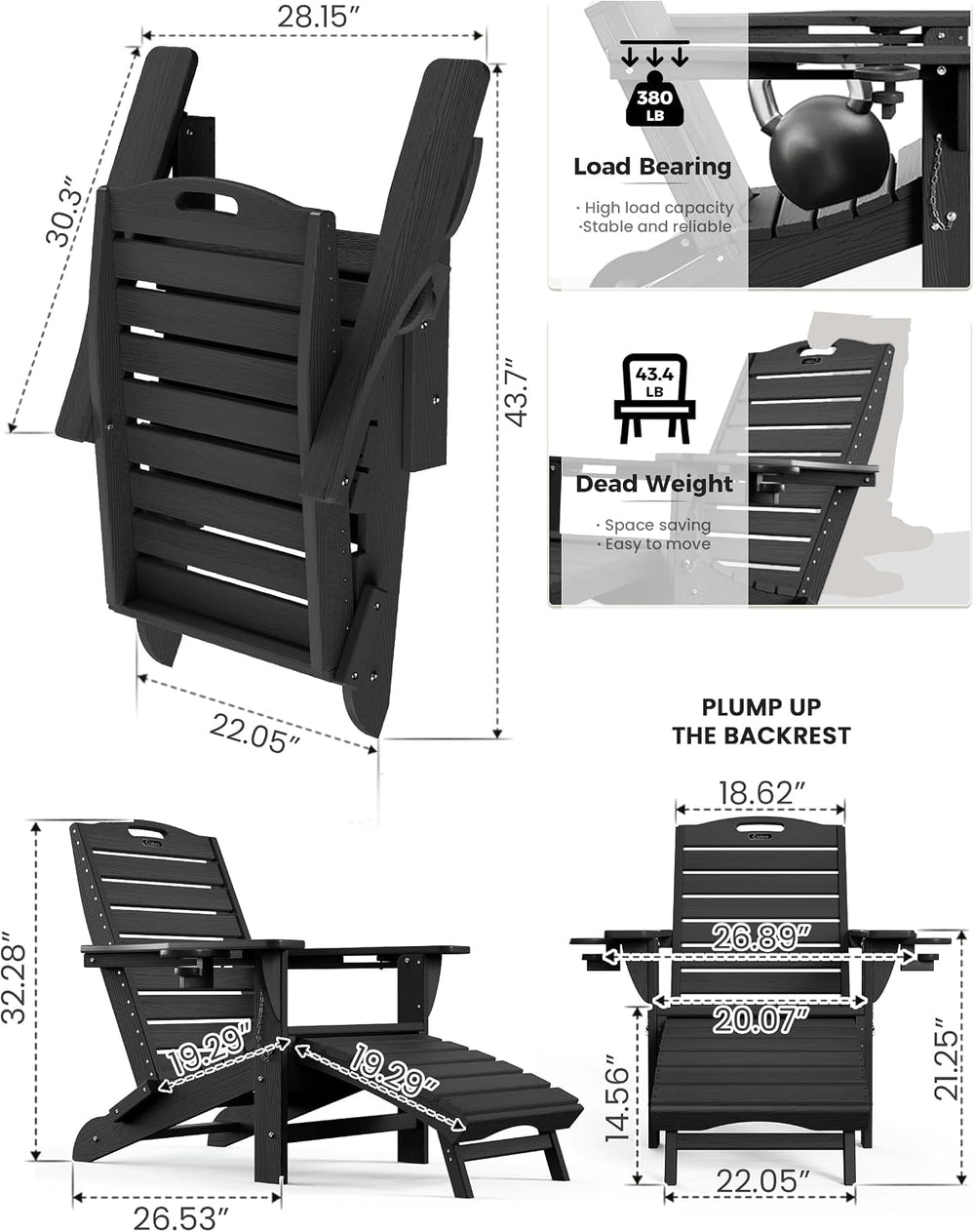 Ciokea HDPE Folding Adirondack Chair with Footrest,Black,6