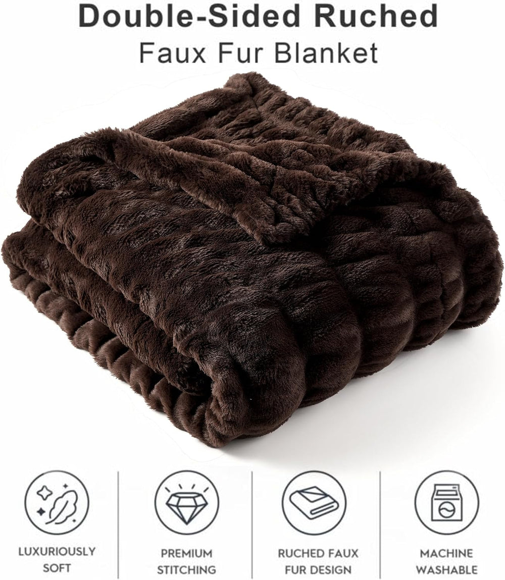 Battilo Dark Brown Faux Fur Throw Blanket for Couch, 50"x60", Doubl...