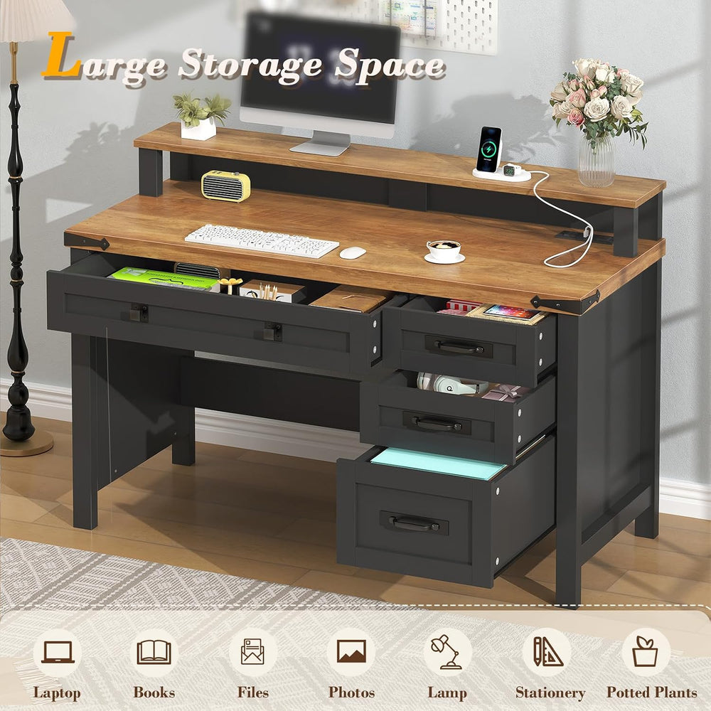 47" Farmhouse Computer Desk with Drawers & Outlets for Home Office, ...