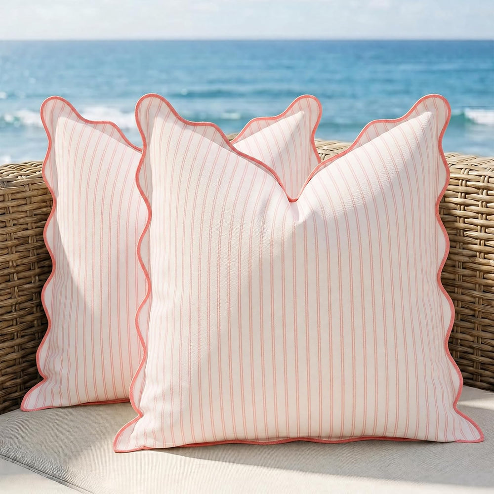 DEZENE 18x18 Pink Outdoor Pillow Covers Pack of 2, Striped Scalloped Coastal ...