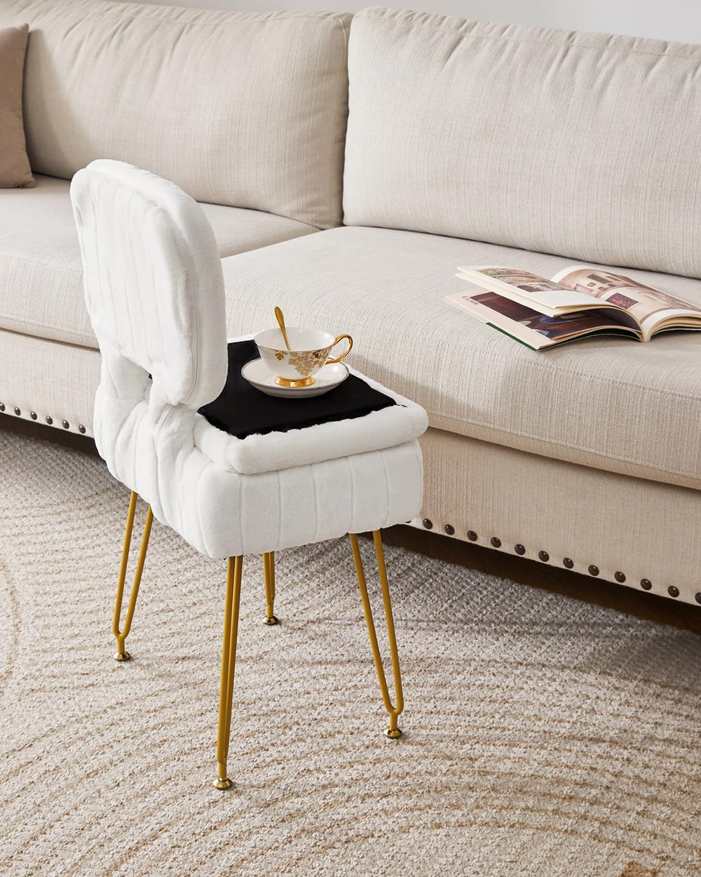 IBUYKE Vanity Stool with Storage, Folding Back Makeup Chair, White WBD030W