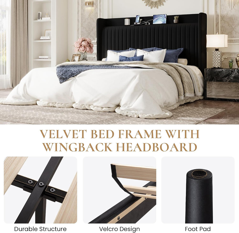 SHA CERLIN King Size Velvet Bed Frame with Shelf, Charging Station, Black