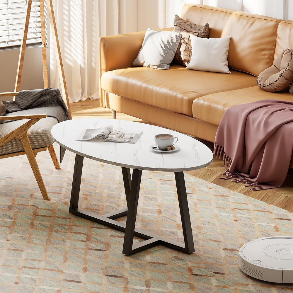 Wolawu Coffee Table Small Oval Table,White Faux Marble Table for Living Room,...