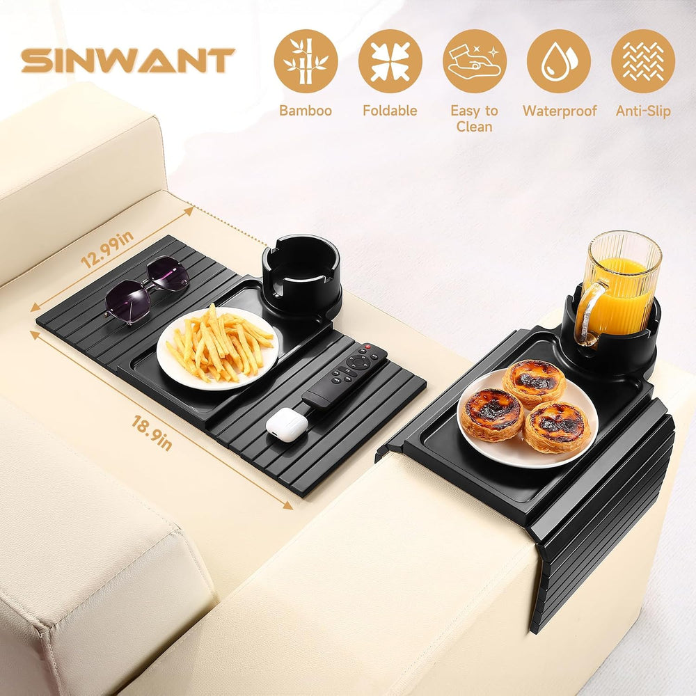 SINWANT Couch Armrest Table,Bamboo Folding Couch Cup Holder Tray,Black