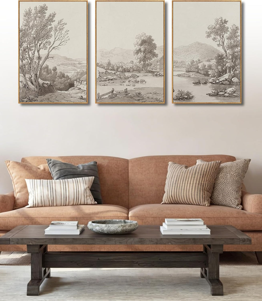 UPWOIGH Sepia Landscape Wood Framed Wall Art Set of 3, 16 x 24 Inch