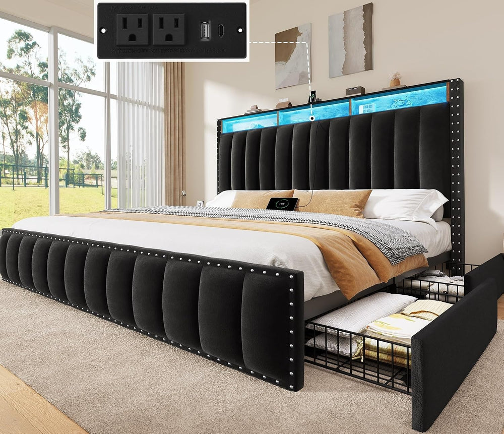 YITAHOME King Size Bed Frame with 4 Storage Drawers, RGB LED Light, Black