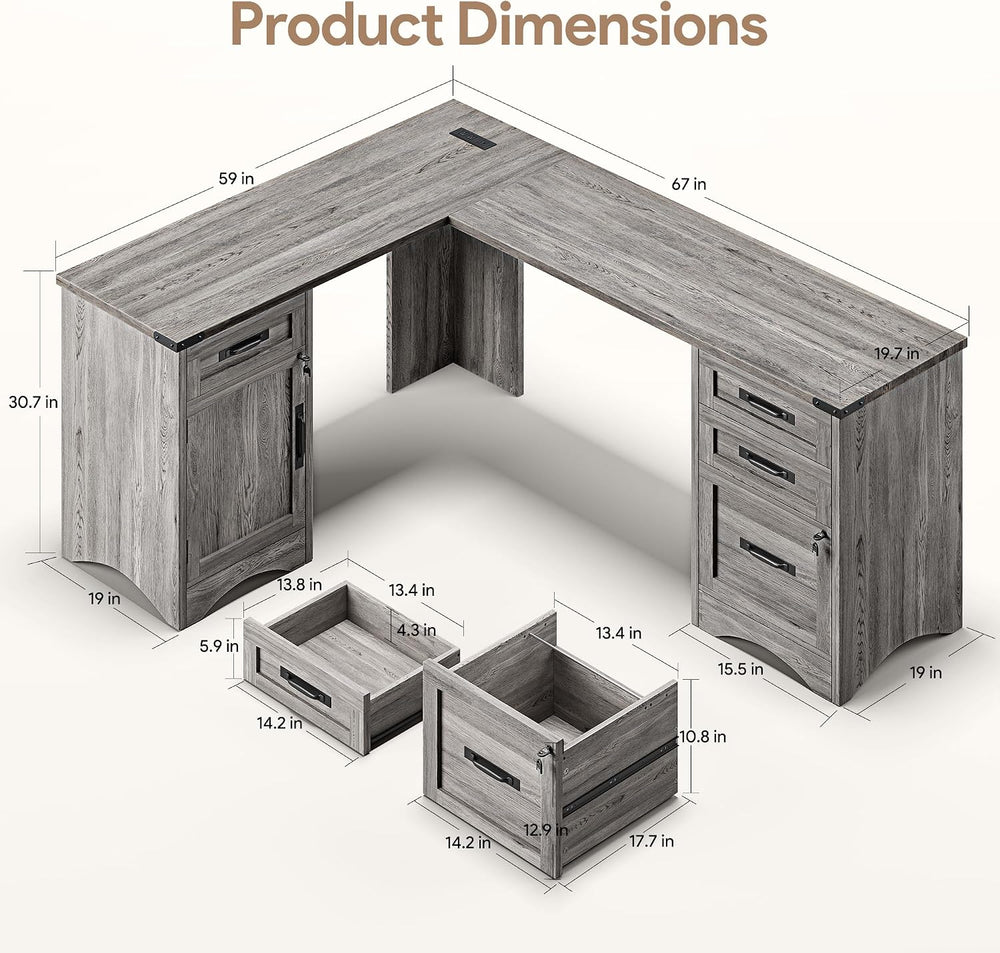 Decofy 67" Farmhouse L Shaped Standing Desk with Drawers Home Office Exe...