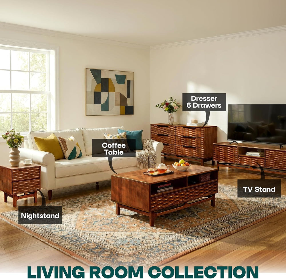 Acacia Elara 47" Wood Coffee Table with Open Shelf & 2 Drawers, Walnut