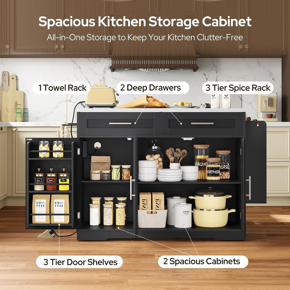 Concho 56" Kitchen Island with Seating Stainless Steel Countertop Black