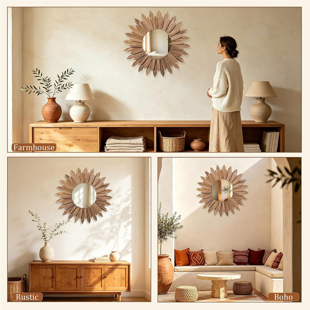 Honiway Boho Wall Decor 24 inch Rustic Wood Sunburst Boho Wall Mirror Farmhou...